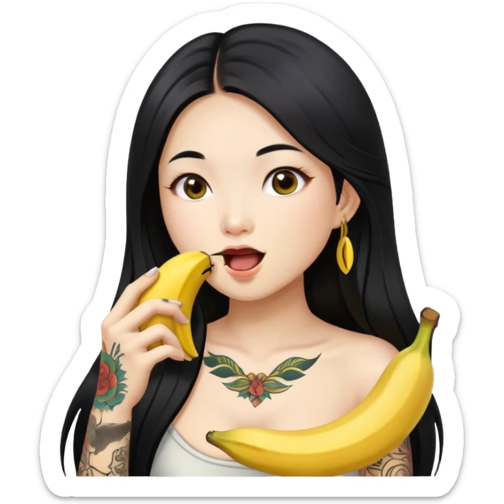 Beautiful Asian girl with long black hair and body tattoos eating a banana sfw sticker