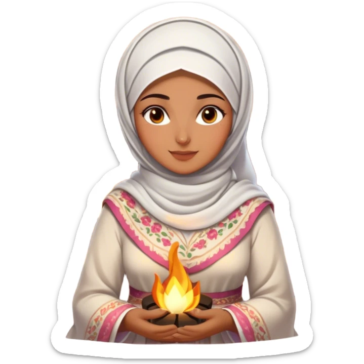 An Arab woman dressed in a beautiful floral traditional outfit with a delicate white headscarf sits by a fire at night. The warm glow of the flames highlights her radiant features, giving the scene a soft, serene, and intimate feel. sticker