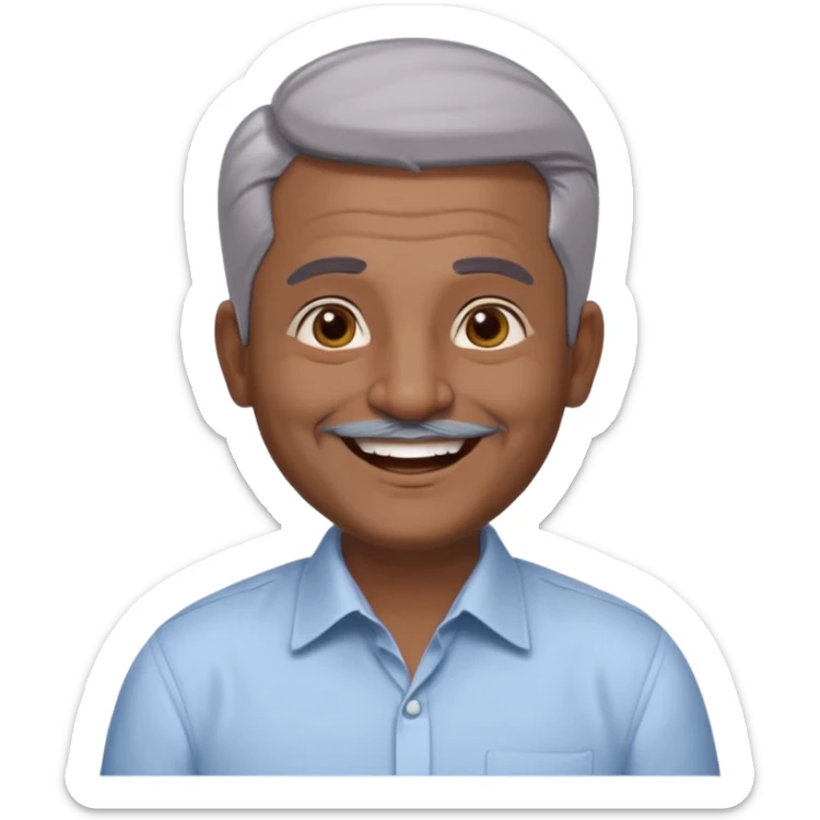 50 yr old indian man, dark skin, grey hair, big smile, white teeth, chubby, no moustache, clean shaven, young style hair, hair brushed back, 5 oclock shadow, bindy on forehead, dress shirt, bindy sticker