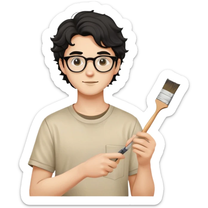 Young caucasian man with black wavy hair, round glasses, beige painting shirt, holding a square paintbrush sticker
