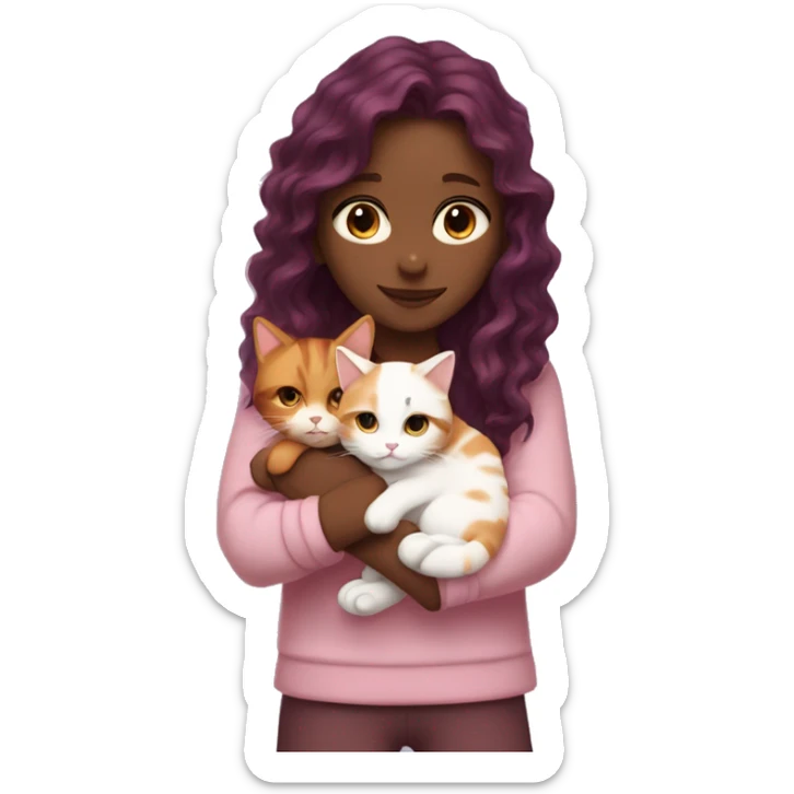 girl with long very dark red purpley wavy hair and dark brown eyes and light pink outfit hugging a white & ginger cat  sticker