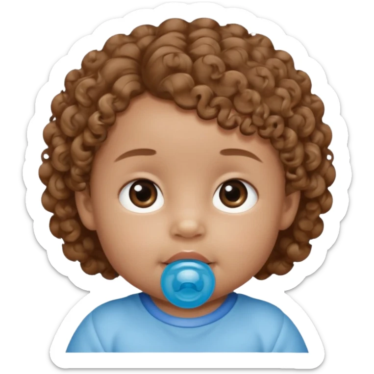 A baby with light brown skin, soft curly light-brown hair, wide brown eyes, and a blue pacifier.  sticker
