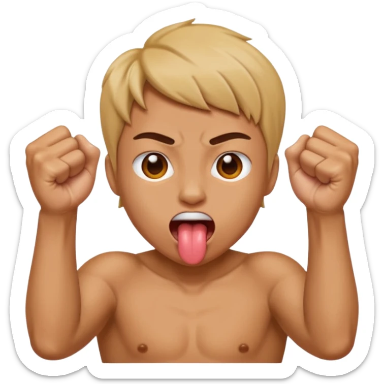Tongue out face with two fists together in front of face sticker