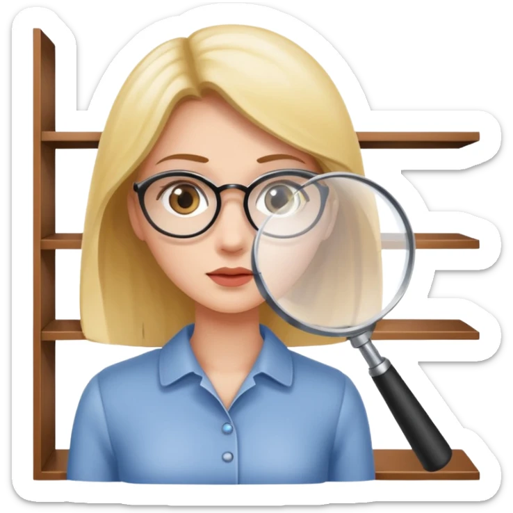 emoji of white empty shelf in perspective view with a woman nearby, she is looking at the shelfs with a magnifying glass sticker