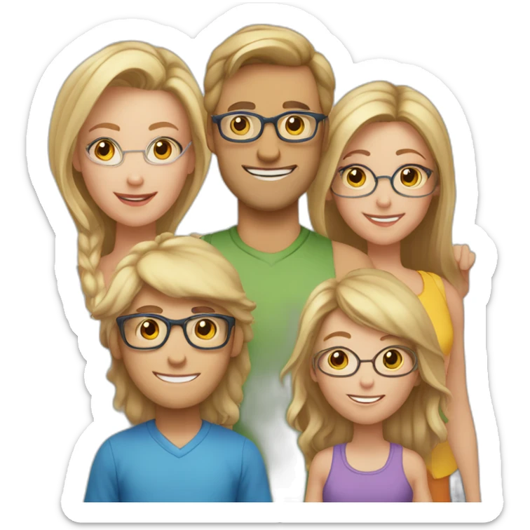Family of 5 - blonde hair mom, light brown hair dad with glasses, 8 year old blonde girl with glasses, 4year old light brown hair boy and 1 year old light brown hair girl sticker