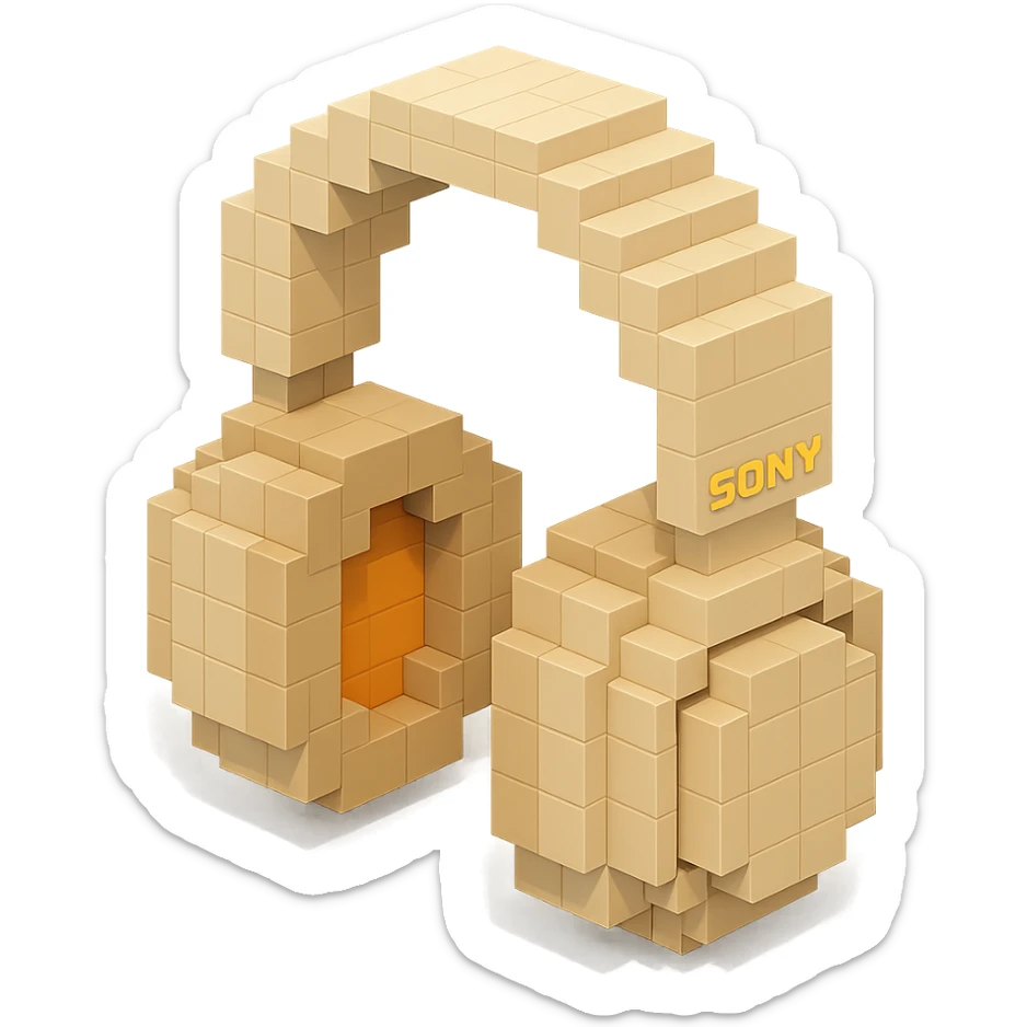 full-size Sony headphones, beige color, isometric view sticker