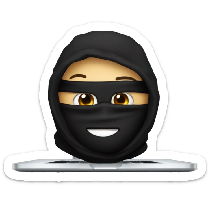 A guy in a black balaclava with eyes in the form of dollars is sitting on an apple laptop sticker