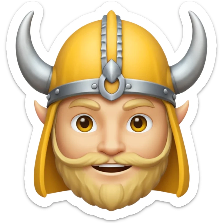 Viking emoji in Messenger style, yellow face, simple eyes, smiling, horned helmet sticker