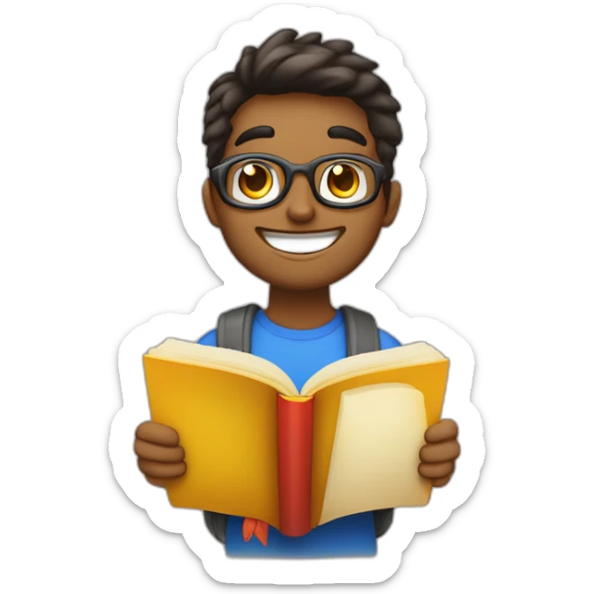joven estudiante con todos sus libro muy feliz y sonriente con un libro en sus manos y sobre su cabeza sticker