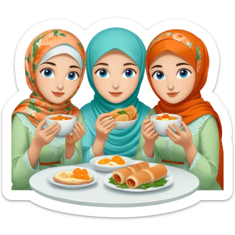 Three sister Turkish girls beautiful finish Konya blue eyes with orange floral hijab and light green dress and eating a Turkish Breakfast sticker