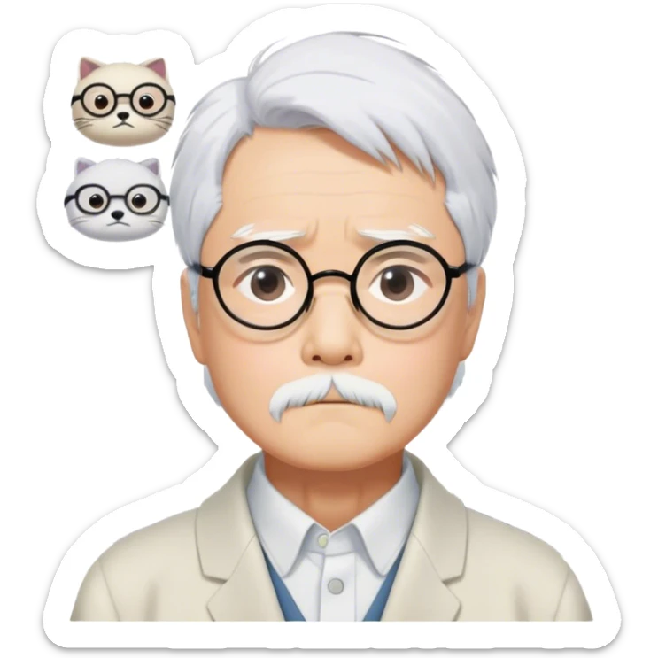 ​Cinematic Realistic Portrait of Hayao Miyazaki, depicted with striking white hair, defined black eyebrows, and large rectangular glasses, his thoughtful expression rendered in lifelike detail against a background of whimsical Studio Ghibli-inspired sketches, illuminated with soft, realistic lighting that emphasizes his creative genius, sticker