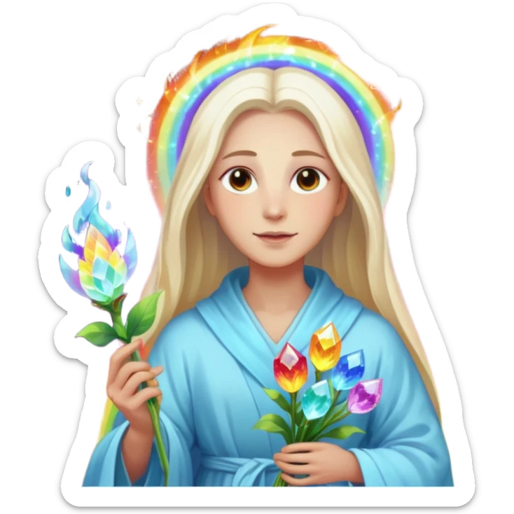 a being made of light pleidian nordic long faces but beautiful features of light with a robe on made of light and who is lanky holding a bouquet of crystal flowers on rainbow fire sticker