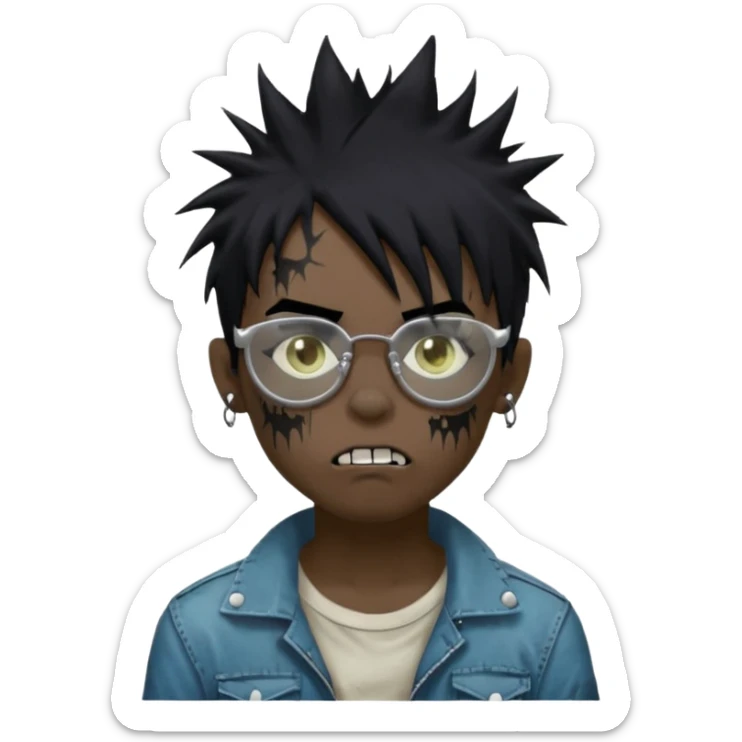 Boy, zombie, black hair, medium long, spiky hair, emo, shaggy, dark, spooky, creepy expression emoji, add transparent glasses, a risk on the eyebrow, some tattos sticker