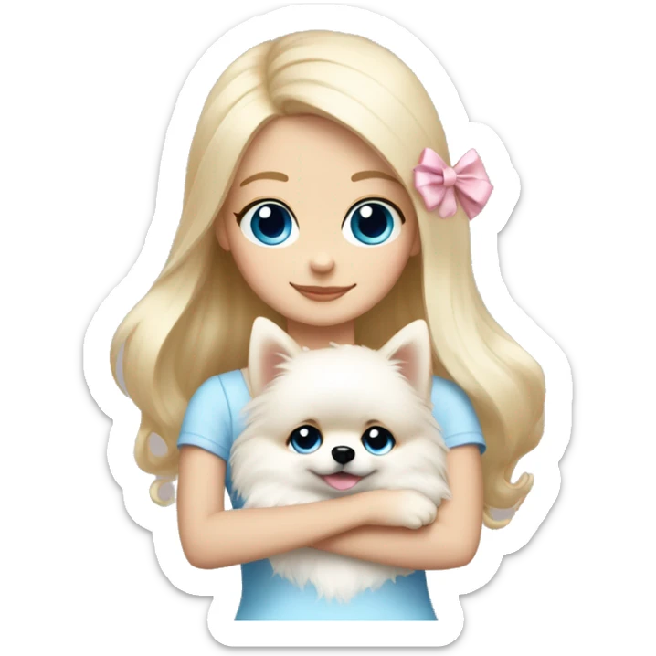 Blond girl white skin blue eyes hugging white Pomeranian with light pink bow sticker