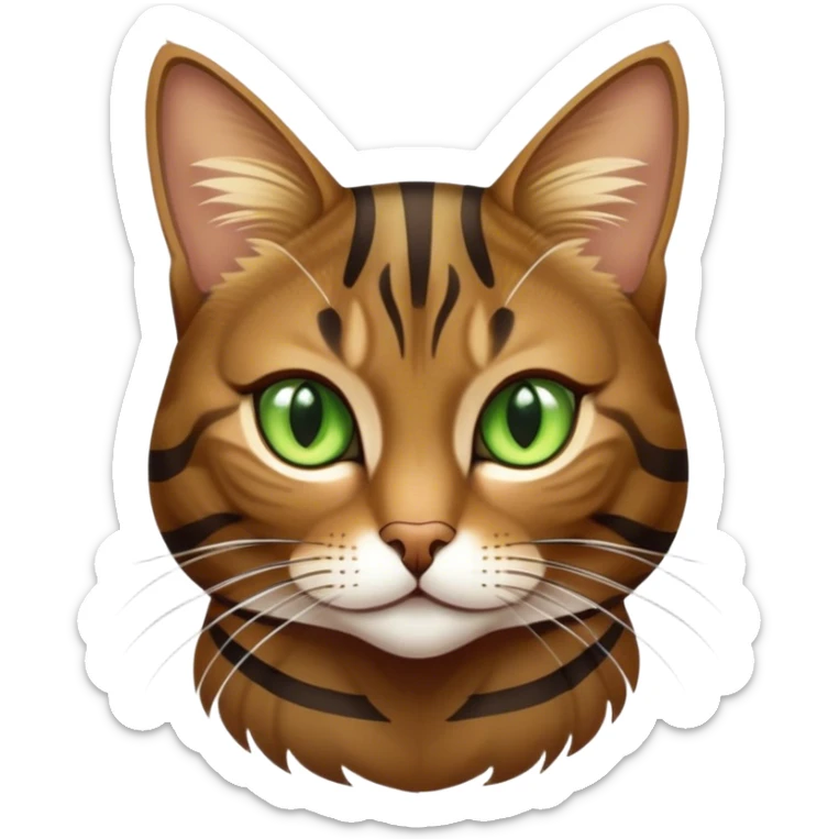 Cinematic Noble Brown Tabby Cat Portrait Emoji, Poised and regal, with sleek, well-groomed fur in warm brown tones accented by bold dark tabby stripes, striking almond-shaped golden-green eyes, Simplified yet sharp and sophisticated features, highly detailed, glowing with a soft, dignified glow, high shine, intelligent and graceful, stylized with an air of elegance, focused and attentive, soft glowing outline, capturing the essence of a watchful and refined feline, so majestic it feels as though it could glide across the screen with effortless confidence! sticker