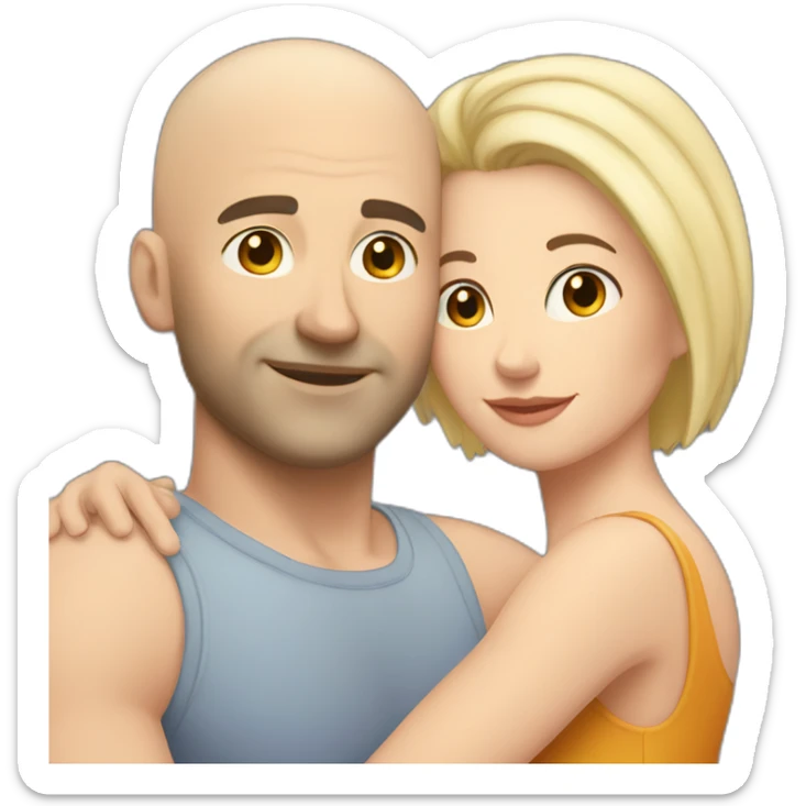 Bald Caucasian man and Caucasian woman with short black hair intimate hug sticker