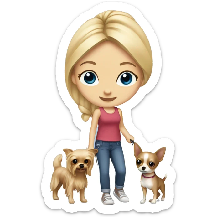 blonde girl blue eyes walking yorkie and chihuahua   sticker