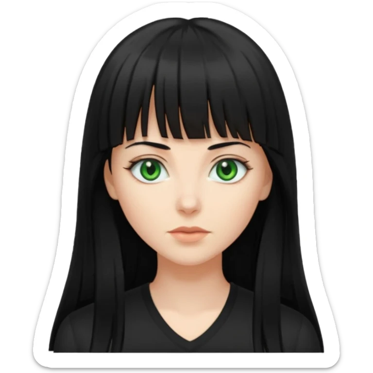 A white woman with Long straight hair with bangs, black hair, green eyes and a black low-cut shirt sticker