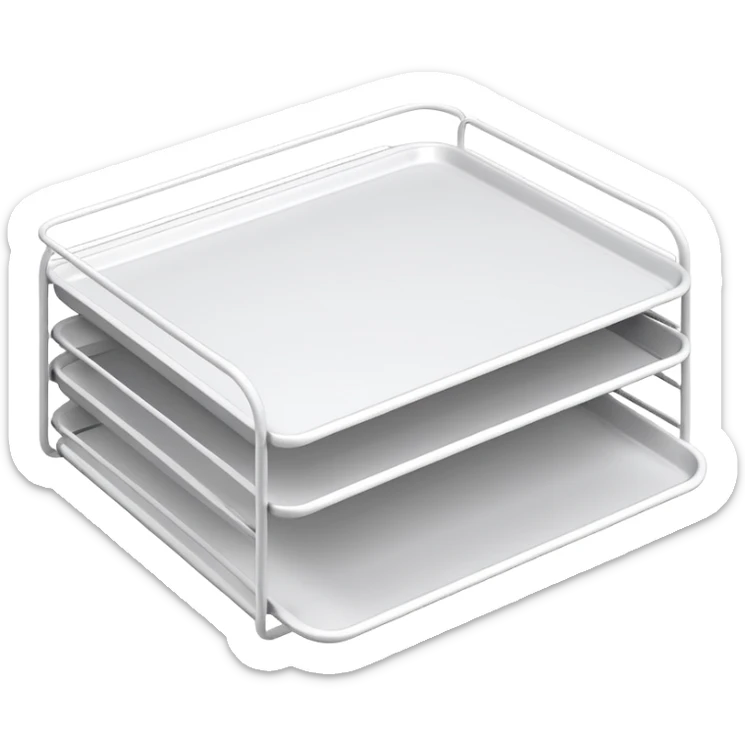 A minimal, clean emoji-style illustration of a white metal desk paper organizer tray, shown in slight isometric view so its structure is readable at a small scale. The organizer is rectangular with rounded corners, made of thin white metal wires, forming two to three stacked horizontal slots.
 sticker