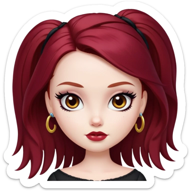 pretty bratz girl, tall, pale skin, dark red hair,  long hair, brown eyes, black eyeliner sticker