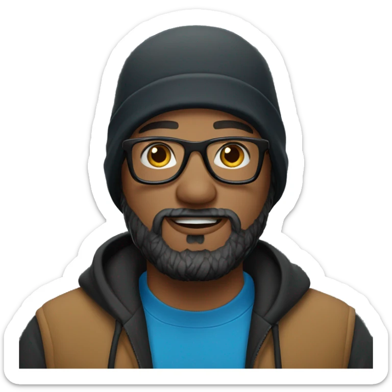man with a beard in a blue hoodie wearing a black carhartt beanie and clear glasses sticker