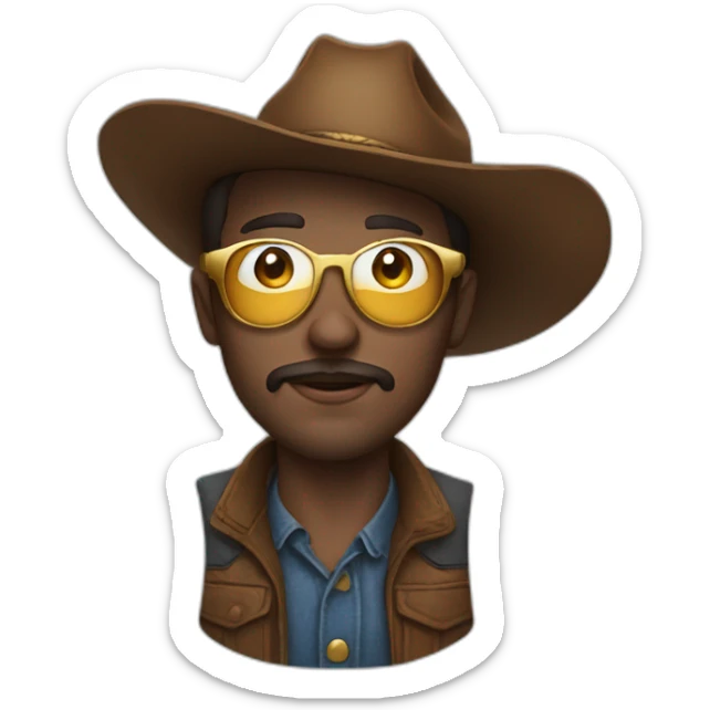 Realistic man with golden glasses, blue eyes, and brown hair, with a cowboy hat sticker
