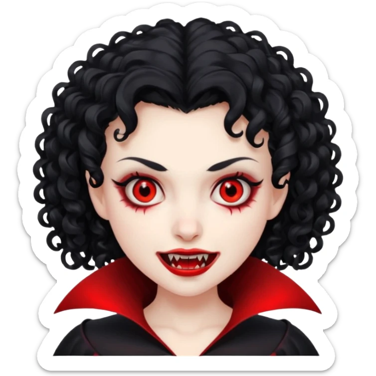 vampiro, cabelos cacheados pretos, pele pálida, olhos vermelhos, sexo feminino sticker