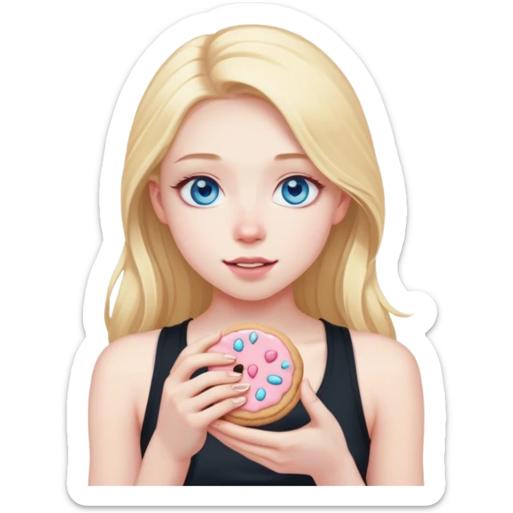 Blonde girl with pale skin and blue eyes and long hair in a black tank top with a light pink cookie sticker