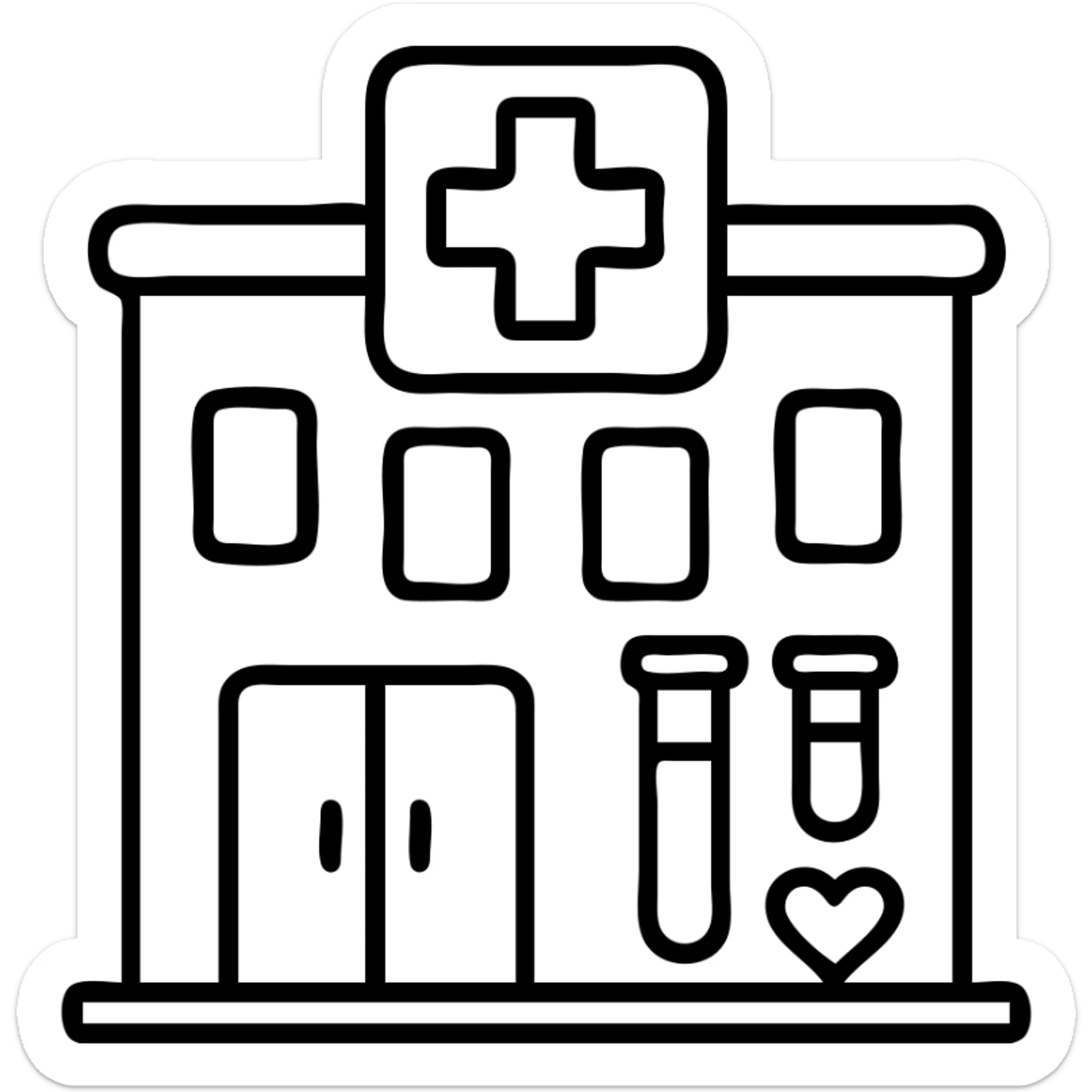Modern clinic building facade with a red cross medical symbol, test tubes and a small heart icon, clean minimalist medical facility exterior sticker