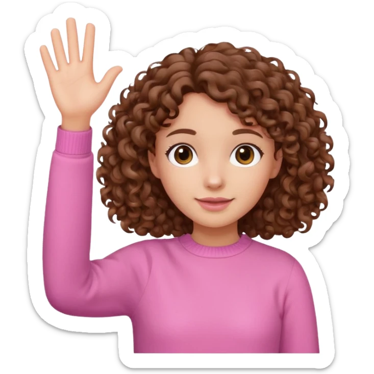 girl with curly brown hair and pink jumper, waving sticker