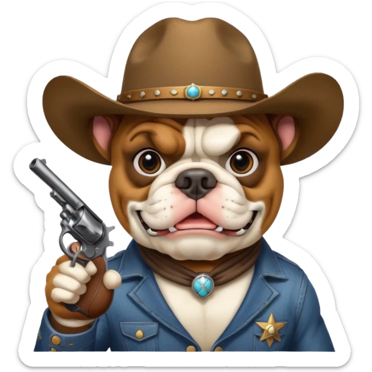 A bulldog wearing a cowboy hat, wearing a mask, pointing a revolver at you and telling you to hand over your money. sticker