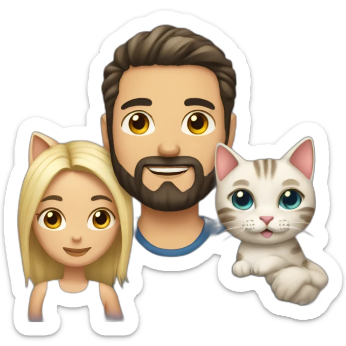 Man dark hair with beard and woman blond hair with tatoos and two cats sticker