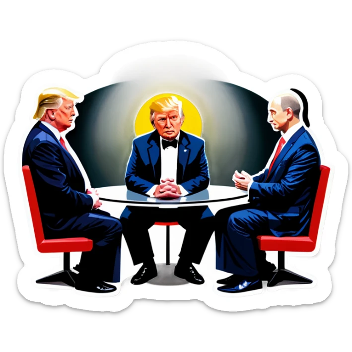 Jesus, Buddha, Musk, Bezos, and Trump in a meeting sticker