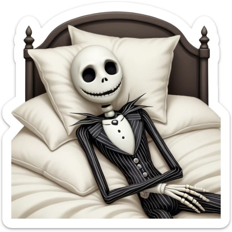 Cinematic 3D ultra realistic 32K HD image of Jack skellington sleeping in bed, stunning detail as though captured in a timeless photograph, rich textures, visually rich, so lifelike that it feels like it could leap off the page at any moment sticker