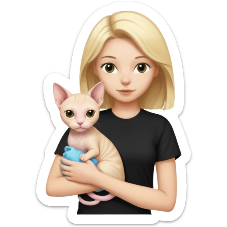 A white girl with blonde hair black T-shirt is holding a white Sphynx cat in her arms sticker