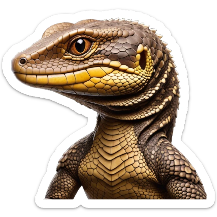 Cinematic Noble brown camo spotted monitor Lizard Portrait Emoji, Poised and regal, with a robust, scaled body exhibiting striking, mottled patterns and piercing, alert eyes, Simplified yet sharp and sophisticated features, highly detailed, glowing with a soft, earthy glow, high shine, intelligent and formidable, stylized with an air of ancient wilderness, focused and commanding, soft glowing outline, capturing the essence of a watchful and confident reptilian guardian that appears ready to stride out of the screen with effortless authority! sticker