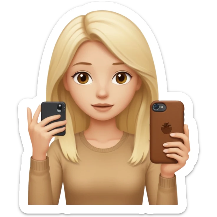  beautiful pale blonde girl with long hair taking selfie on brown case iPhone in beige top sticker