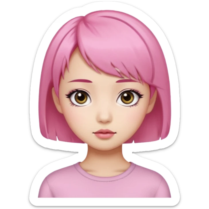 An Asian girl with Fashion pink short hair, big eyes, thick eyebrows, and long eyelashes;  sticker