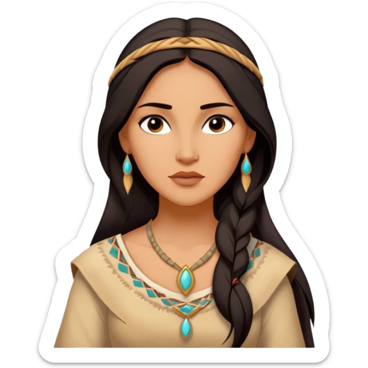 Cinematic Serene Pocahontas Portrait Emoji, rendered in a realistic, simplified vector style. Depict a gentle Pocahontas (chest and above) with warm, glowing skin, loosely flowing dark hair, and a calm, reflective expression, wearing modest traditional attire in earthy hues. The image is bathed in a soft, inviting glow with high shine and a soft glowing outline. sticker