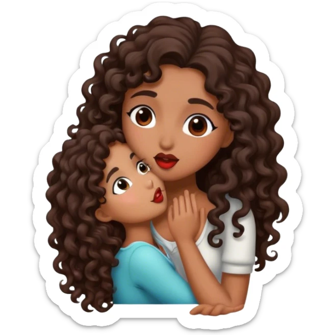 Brown woman with dark brown long curly hair giving a kiss sticker