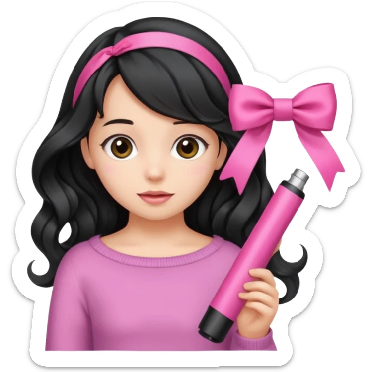 Girl with black wavy not so long hair and a ribbon hair clip make it look like wearing a pink tube sticker