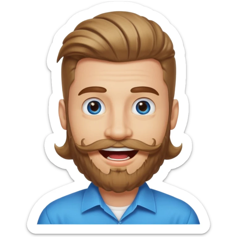 25 year old man, manicured beard, moustache and flavor savor, brown puffy mullet, blue eyes, big smile, white teeth, big lips, pronounced jaw sticker