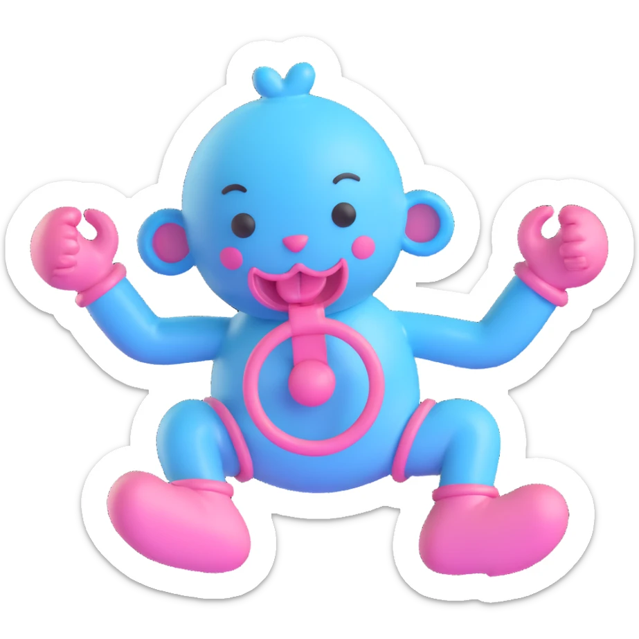 3D cartoon pacifier with arms and legs, mostly baby blue with pink accents, mischievous face sticker