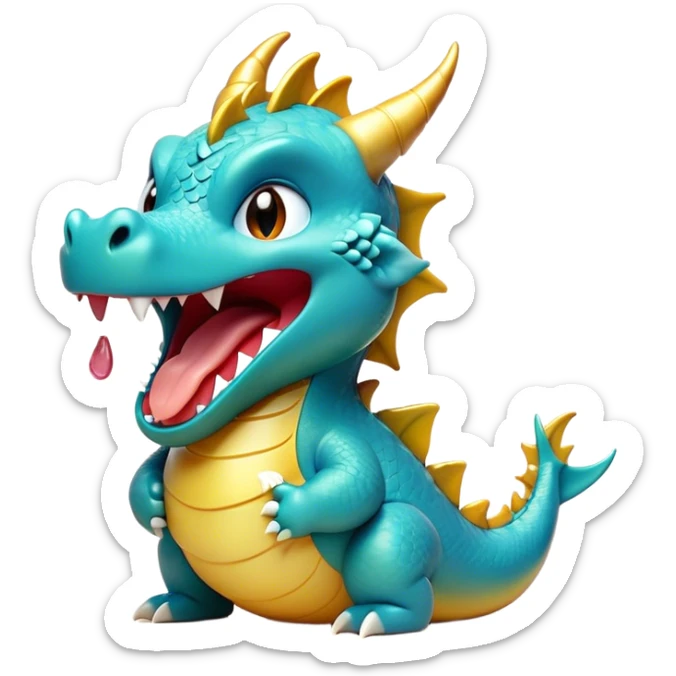 Cinematic Cute Yawning Dragon Portrait Emoji, Head tilted slightly with a dramatic, wide-open yawn, showcasing a soft, lustrous scaled body with gently drooping fins and half-closed, drowsy eyes, each scale rendered in exquisite detail under natural light; high shine, relaxed yet expressive, styled with a dash of fantastical charm, soft glowing outline, capturing the essence of a sleepy yet affectionate dragon that appears ready to stretch out and rest in its enchanted lair! sticker