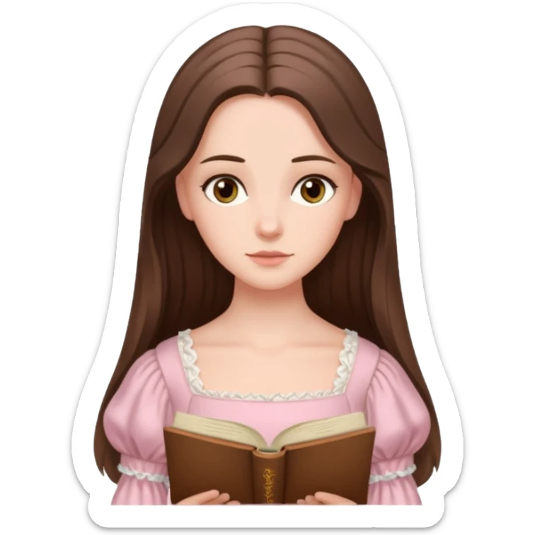  white long brunette hair girl with hazel eyes in light pink reading Pride and Prejudice sticker