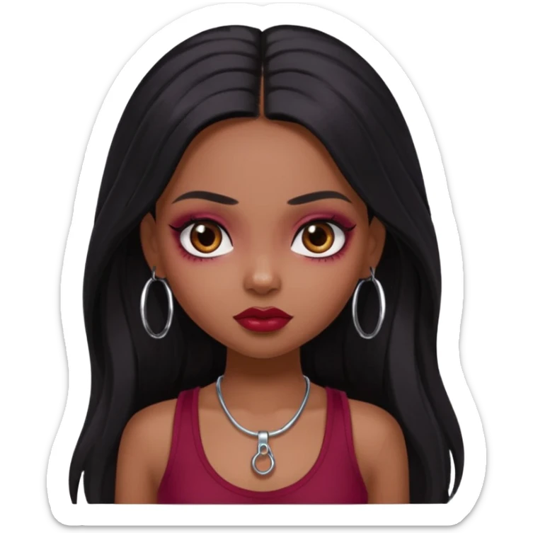 a pretty bratz girl with long black hair, kajal under eyes, small silver hoop. Dark cherry red tank top on.  sticker