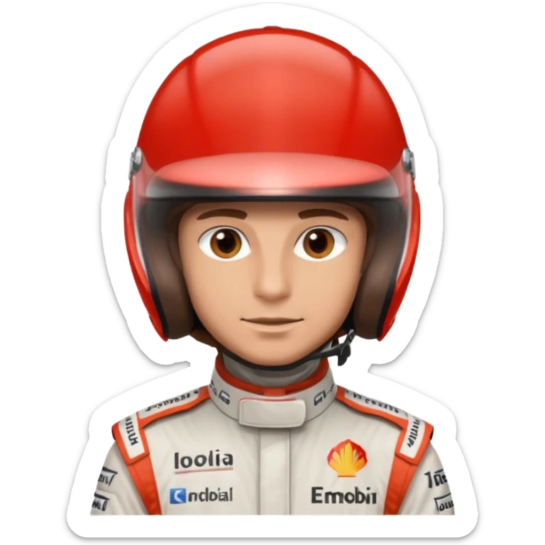 Man, brown eyes, brown silky hair, lightly tanned, wearing a formula one outfit sticker