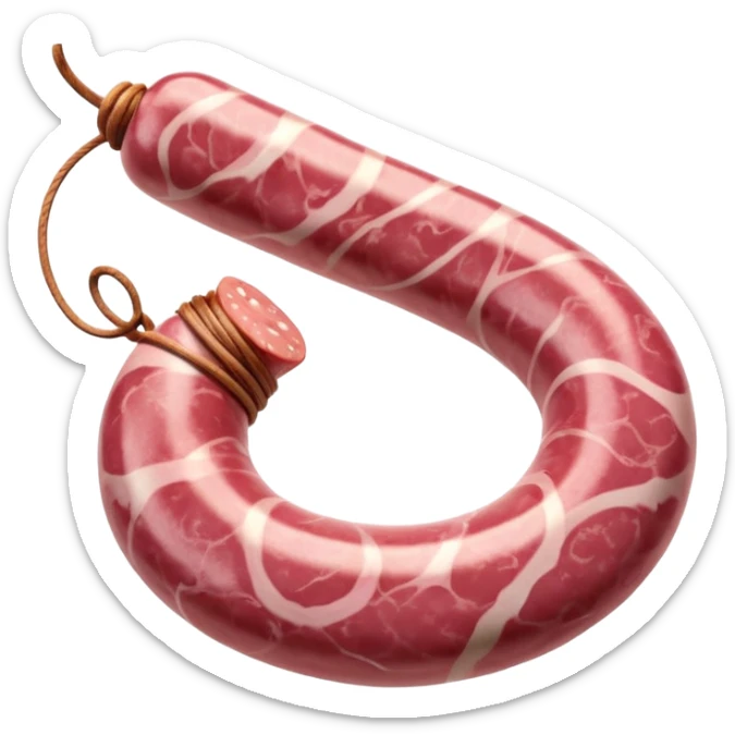 raw Toulouse sausage coiled in a loose open spiral, thick pale pink with fine marbling, smooth natural casing, one visible end tucked toward center, slight gloss, rustic handmade appearance, soft lighting, subtle shadows, emoji scale sticker