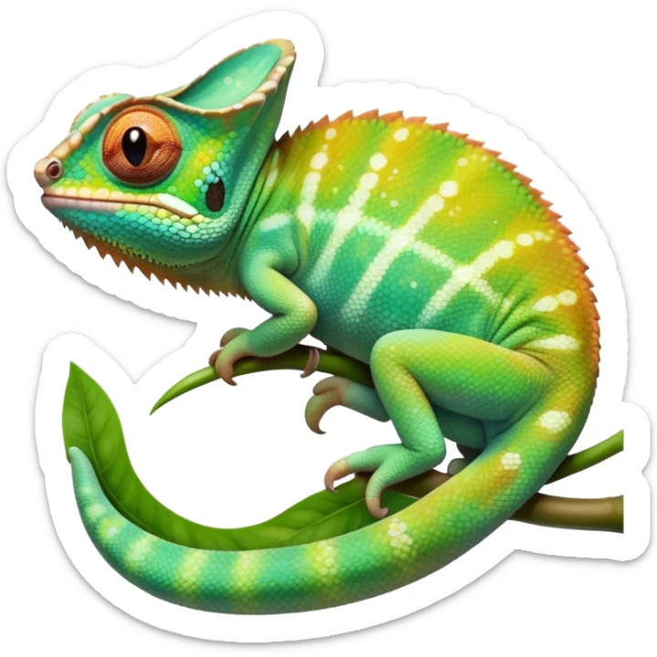 cinematic cute-smiling baby chameleon-realistic emoji,-blending-with-vibrant-greenery.-detailed-scales-in-shifting-colors,-showing-the-chameleon’s-ability-to-camouflage.-soft-natural-light-highlights-its-texture.-light-background, zoomed into its face sticker
