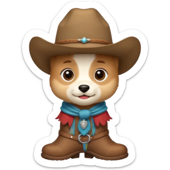 a very cute and adorable anthropomorphic puppy with a cowboy hat and brown boots  sticker